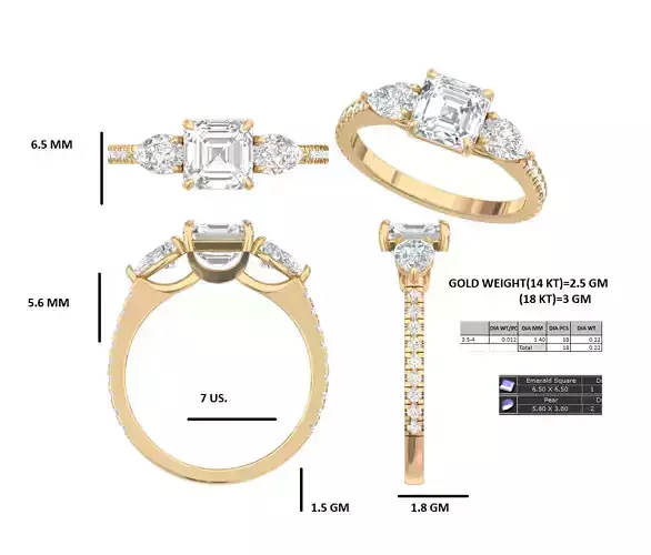 Radiant Emerald-Cut Trio Diamond Ring 