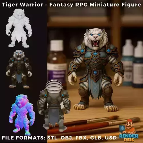Tiger Warrior  Fantasy RPG Miniature Figure 3D print model