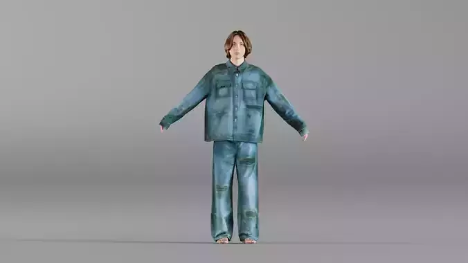 S00030 Young Man in Casual Denim Outfit T Pose HP and LP Low-poly 3D model
