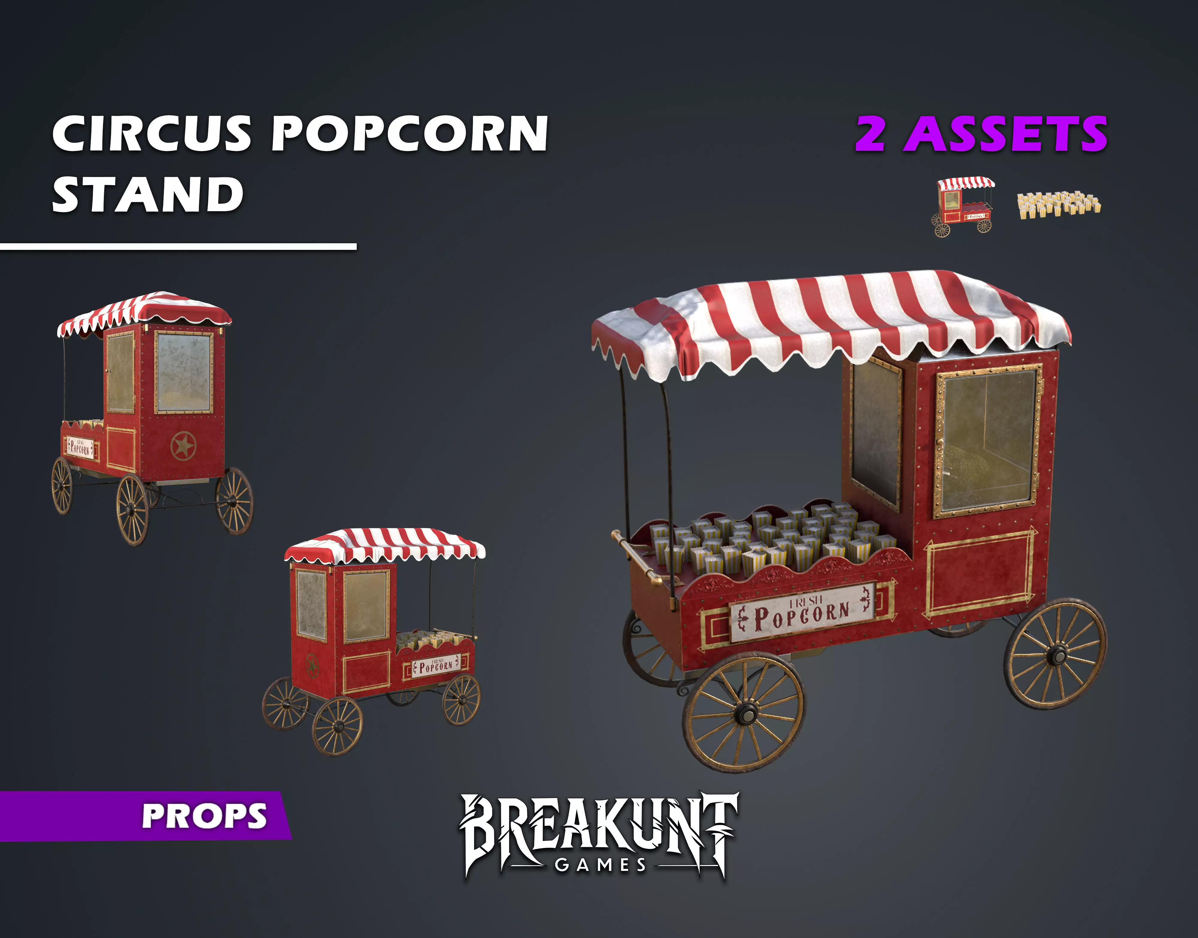 Circus popcorn stand - 2 assets Low-poly 3D model_0