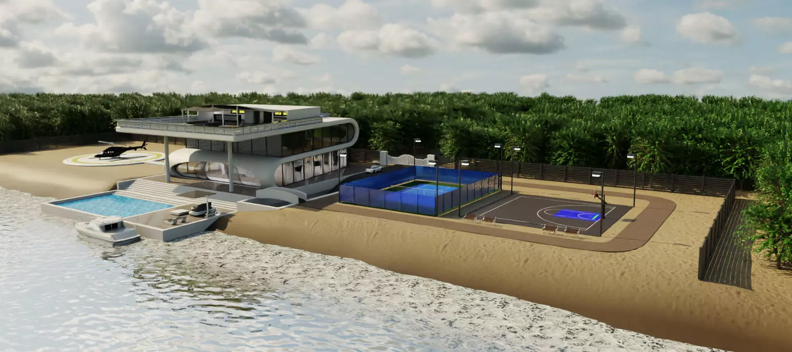 Modern Luxury Beach House with Sports Area 3D model_1