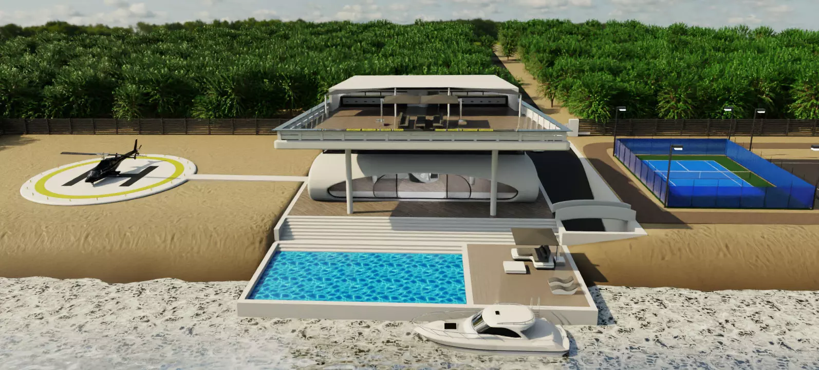 Modern Luxury Beach House with Sports Area 3D model_2