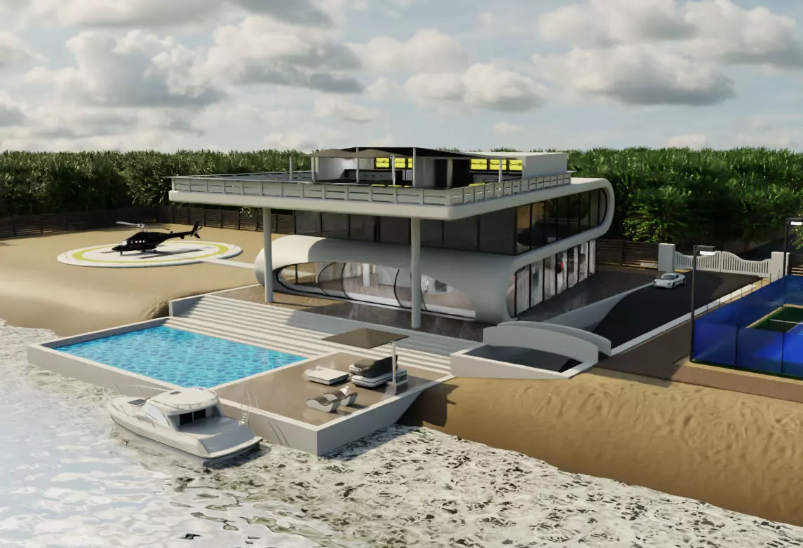 Modern Luxury Beach House with Sports Area 3D model_0