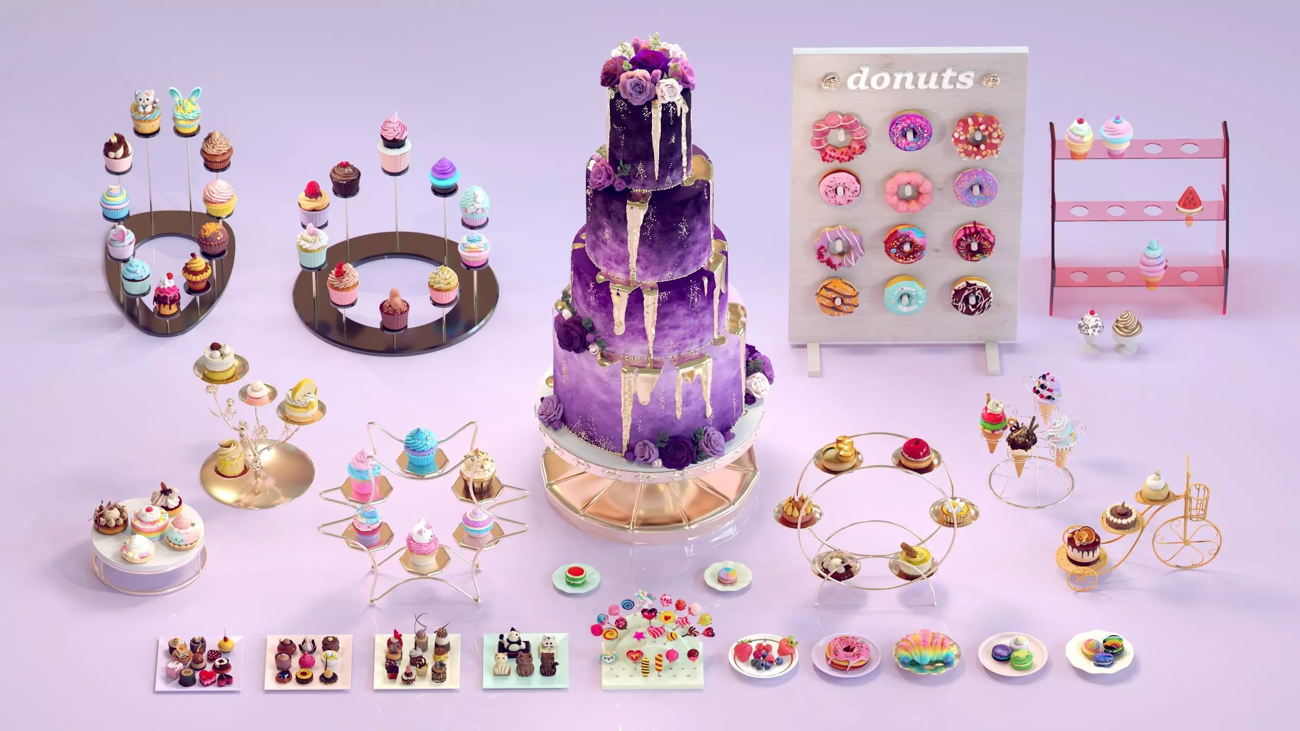Sweet Dessert Pack Donuts Cupcakes Cake Ice Cream Candy Low-poly 3D model_31