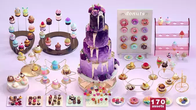 Sweet Dessert Pack Donuts Cupcakes Cake Ice Cream Candy Low-poly 3D model