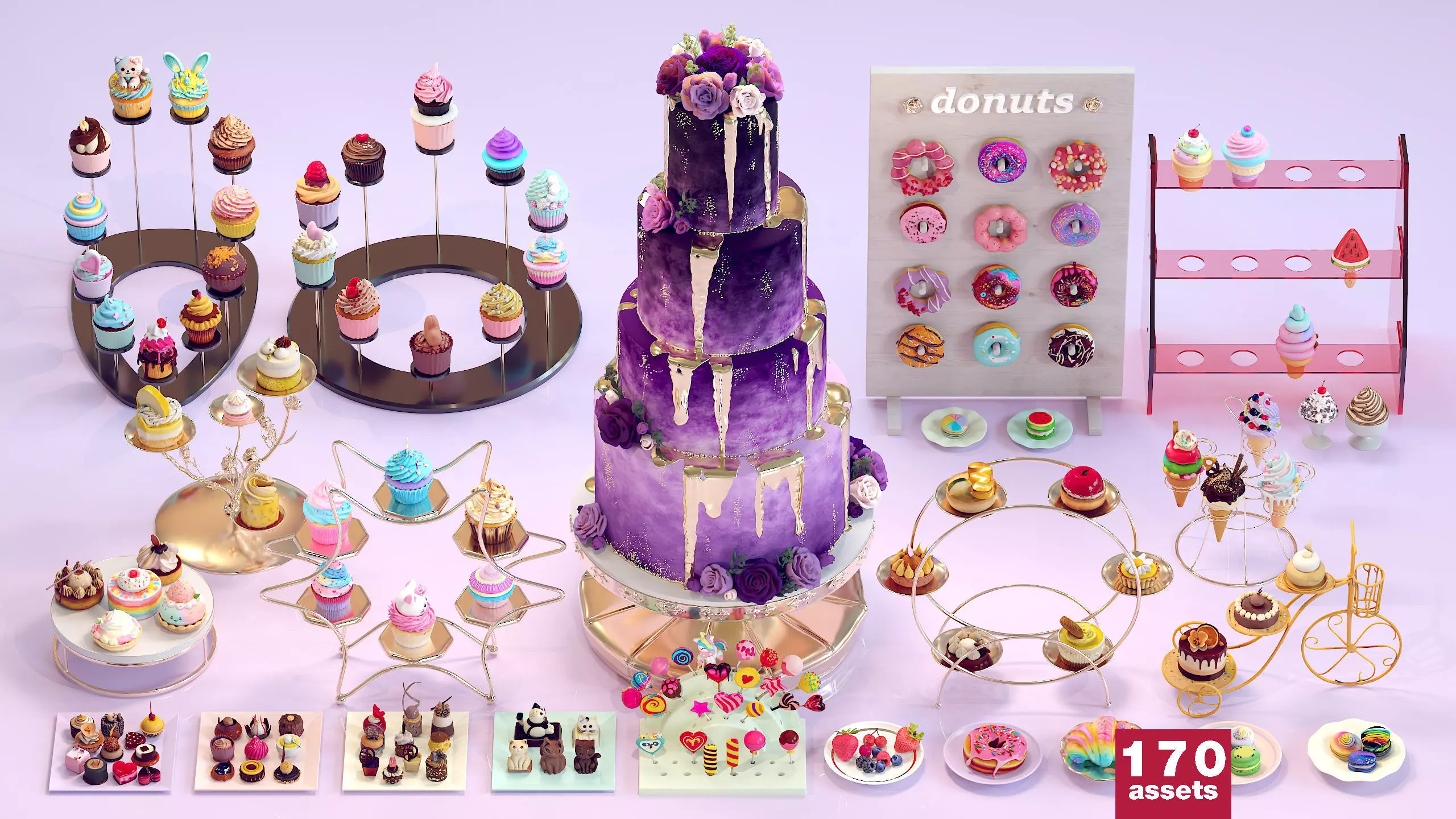 Sweet Dessert Pack Donuts Cupcakes Cake Ice Cream Candy Low-poly 3D model_0