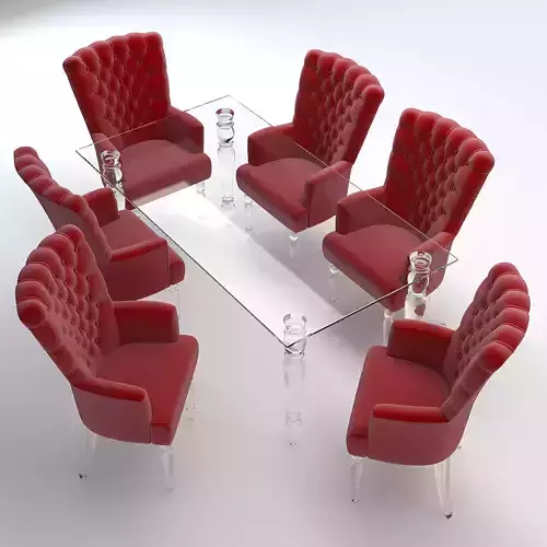 Dining Set with Acrylic Table and Red Armchairs