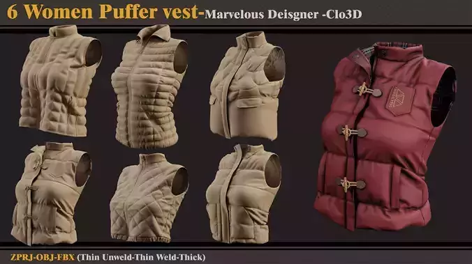6 Women Puffer Vests-MD-CLo3D-ZPRJ-FBX -OBJ 3D model