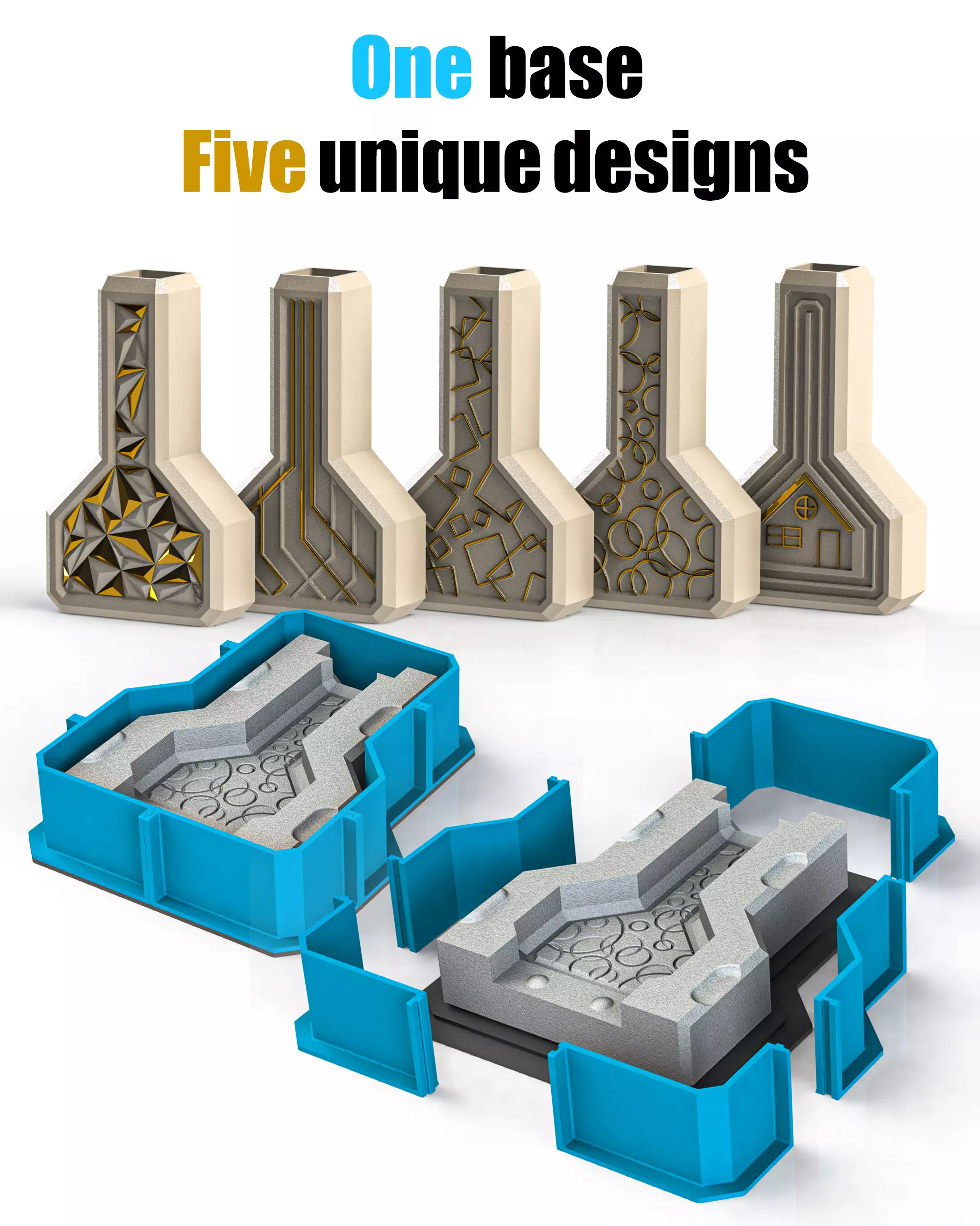 Slip Casting Mold for Vase 5 Designs One Base 3D print model_1