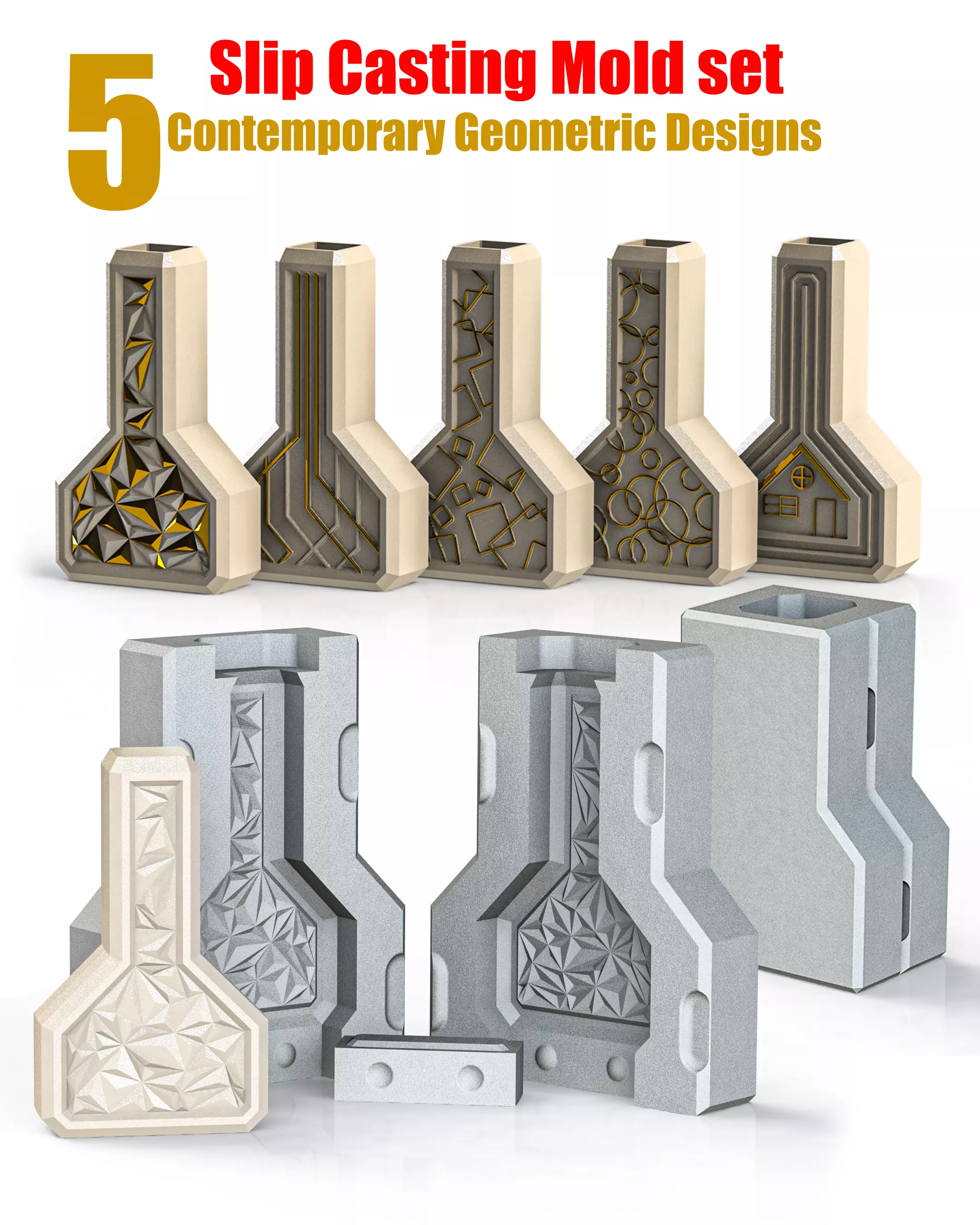 Slip Casting Mold for Vase 5 Designs One Base 3D print model_0