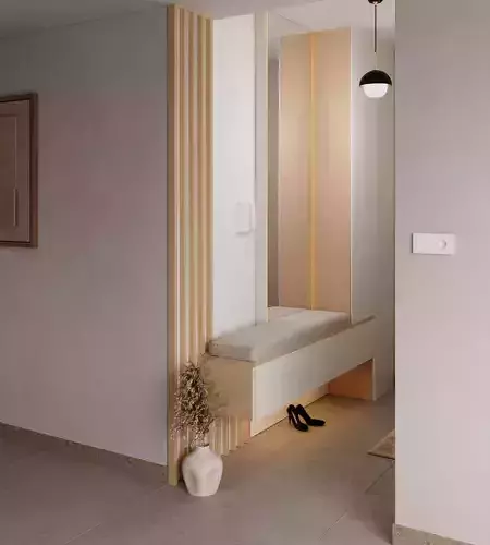 Contemporary Entrance Hall with Bench and Wood Accents
