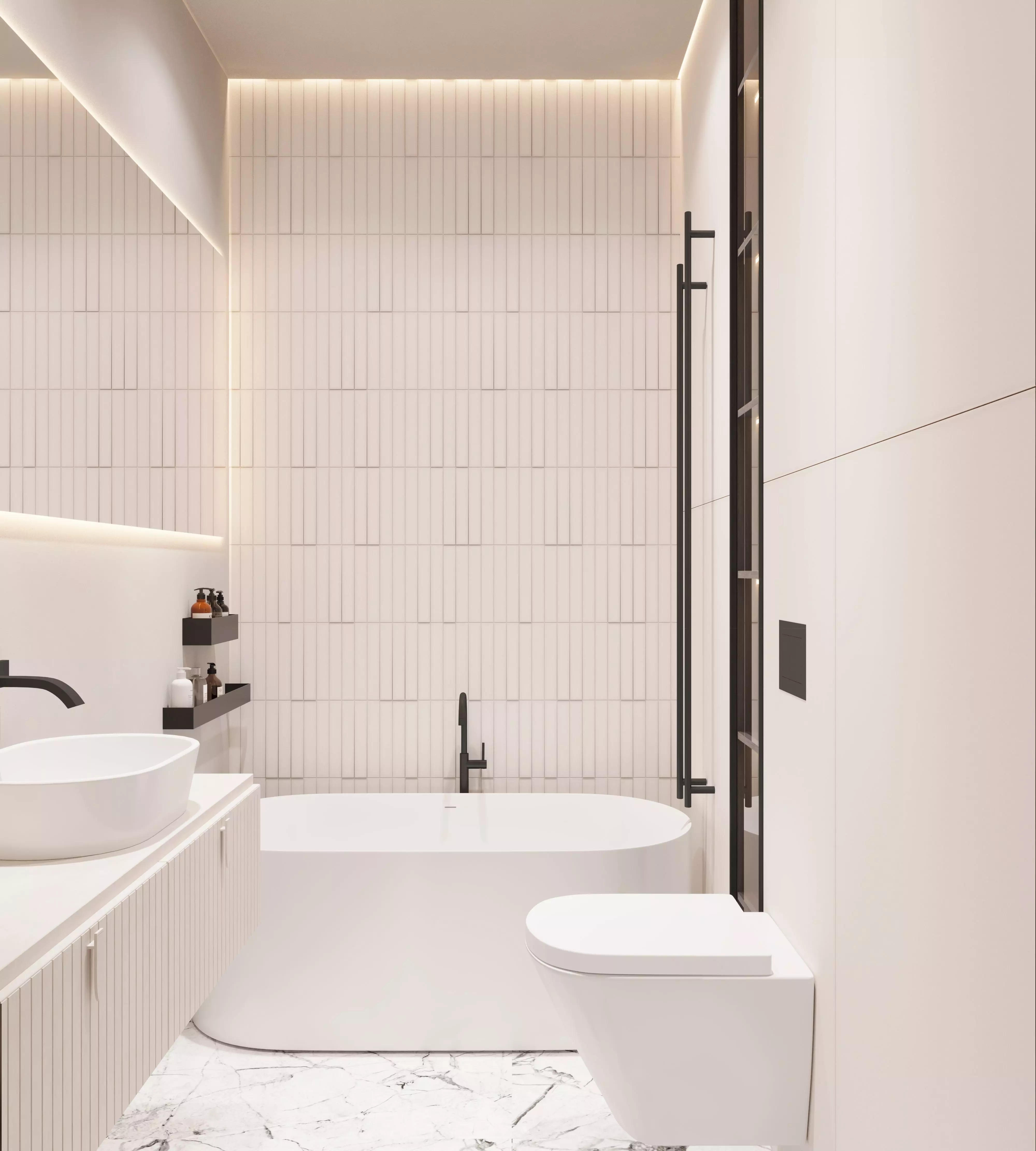 Minimal White Bathroom with Freestanding Tub and Clean Lines 3D model