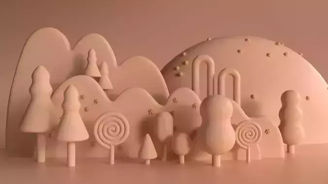 Stylized Nature Set  Minimal Landscape with Trees Flowers Hills