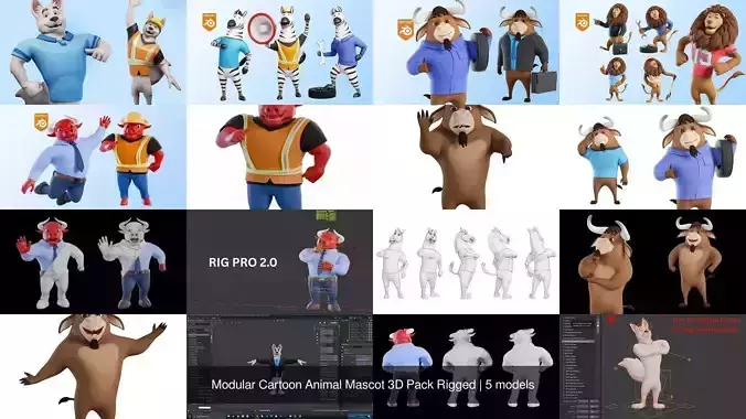Modular Cartoon Animal Mascot 3D Pack Rigged