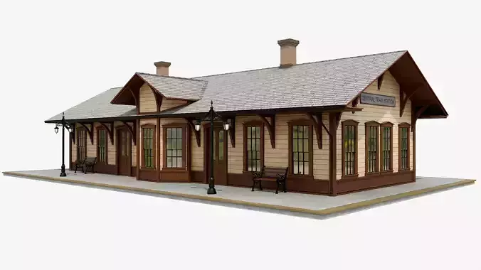Vintage Wooden Train Station Low-poly 3D model