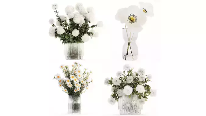 Flower Bouquets Chamomile Peonies Poppy Hydrangea 596 3D model