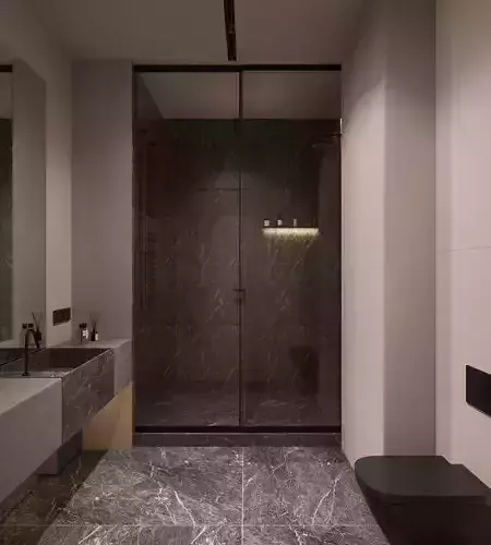 Modern Luxury Bathroom with Dark Marble and Ambient Lighting