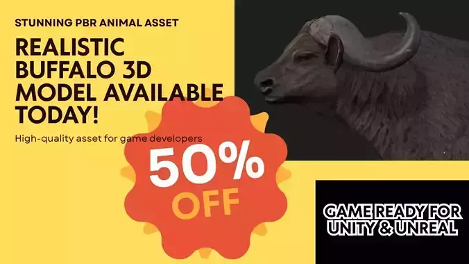Realistic Buffalo 3D Model Game Ready PBR Asset for Unity Unreal 3D model