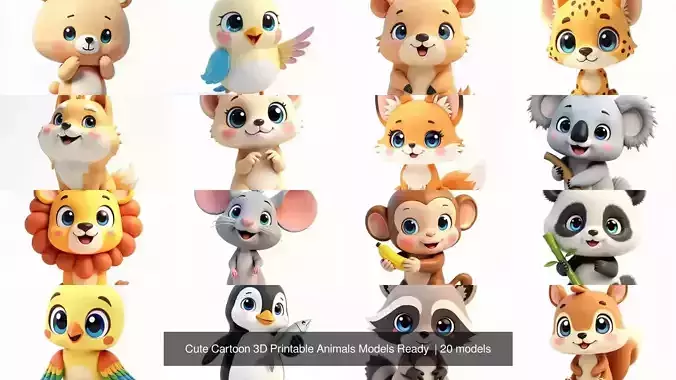 Cute Cartoon 3D Printable Animals Models Ready  3D Model Collection