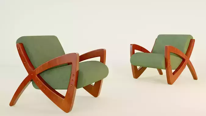 Modern Armchair X-Frame Wood Structure Green Upholstery