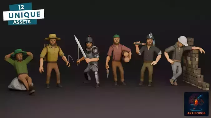 Medieval Workers Pack  6 Characters  6 Props Low Poly Stylized Low-poly 3D model