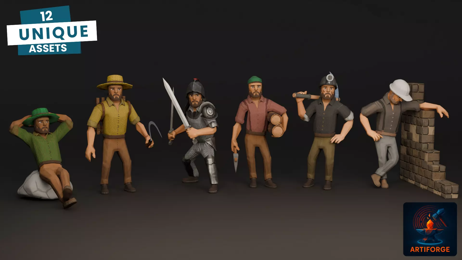 Medieval Workers Pack  6 Characters  6 Props Low Poly Stylized Low-poly 3D model_0
