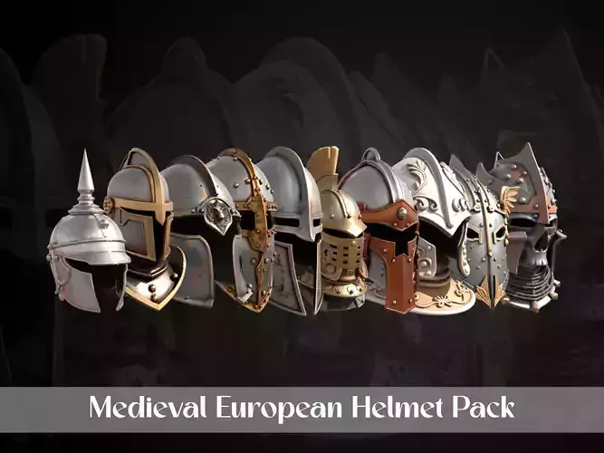 Stylized Medieval European Helmet Pack 3D Model Collection