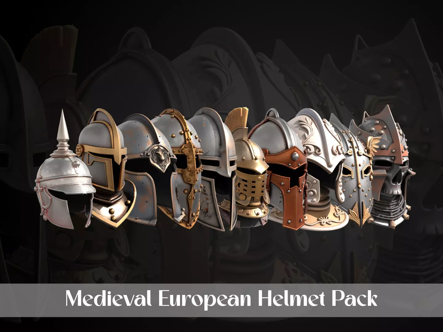 Stylized Medieval European Helmet Pack 3D Model Collection_0