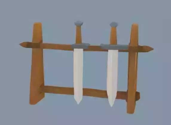 wooden sword rack with two swords