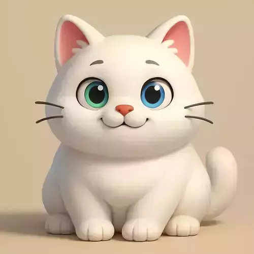  3D Cartoon Cat - Cute Chubby White Kitty with Different Eye 