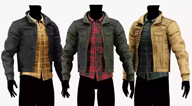 Coat Jacket with Flannel Plaid Shirt - Casual Clothing Pack Low-poly 3D model