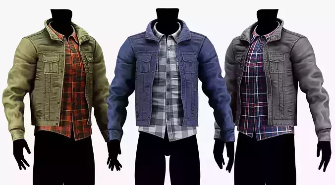 Coat Jacket with Flannel Plaid Shirt - Casual Clothing Pack 2 Low-poly 3D model