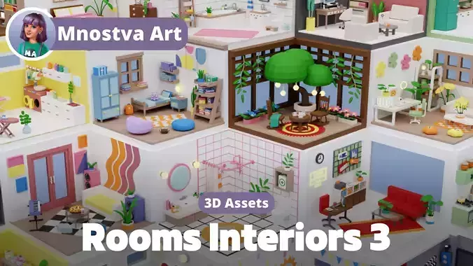 Low Poly Rooms Interiors 3 - Stylized Asset Pack Low-poly 3D model