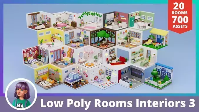 Low Poly Rooms Interiors 3 - Stylized Asset Pack Low-poly 3D model