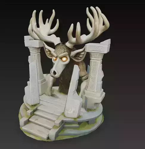 Elk Guardian Altar Stylized Nature Spirit Diorama with Pillars 3D print model
