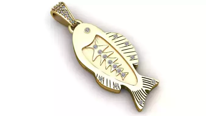 Gold Fishbone Pendant with Diamond Accents 
