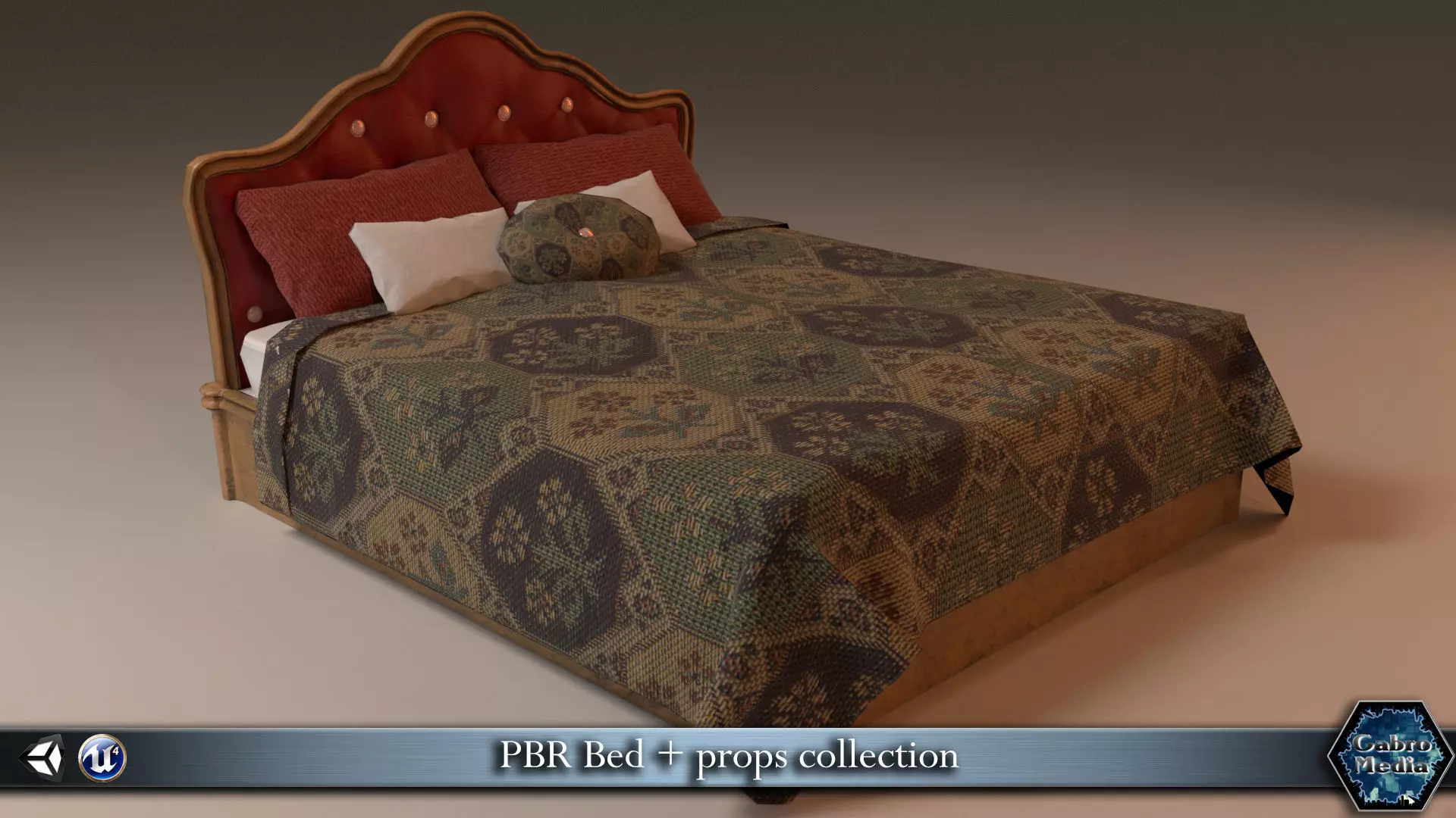 PBR Bed with headboard and pillows Low-poly 3D model