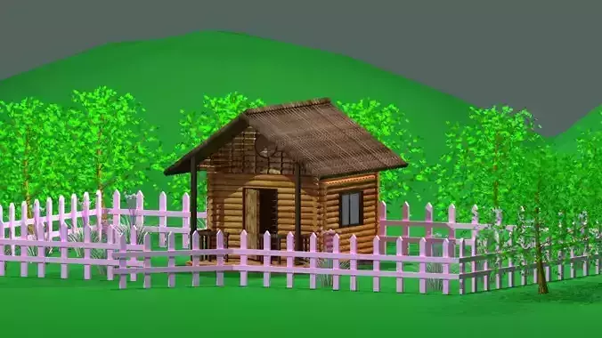 3Ds Max Editable Wooden Cottage in Meadow  3D model