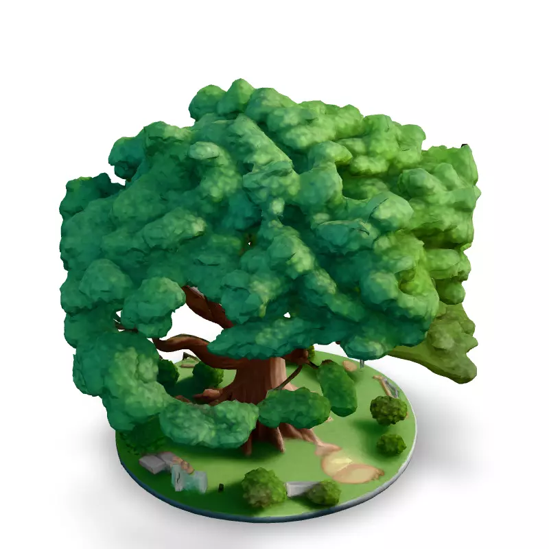 Stylized Oak Tree with Park Diorama Low-poly 3D model_2