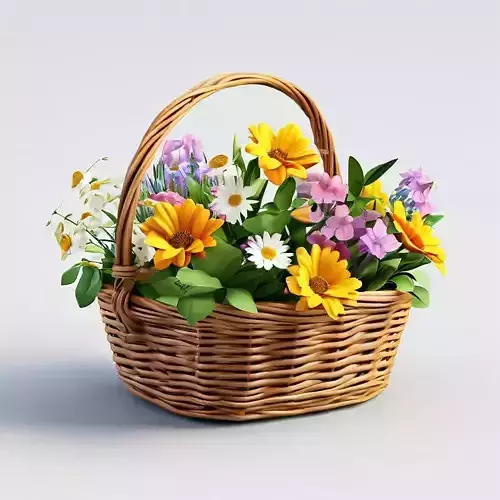 Wicker Basket with Colorful Flowers Low-poly 3D model