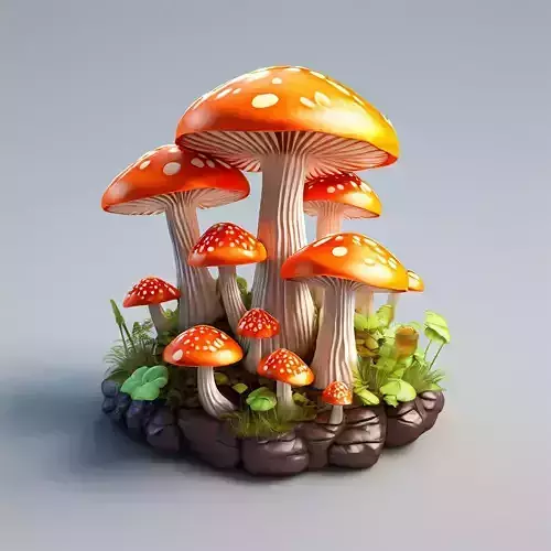 Stylized Mushroom Cluster with Ground Patch Low-poly 3D model