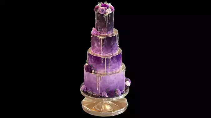 Luxury Wedding Cake with Flowers  Tiered Floral Purple  Gold Low-poly 3D model 3