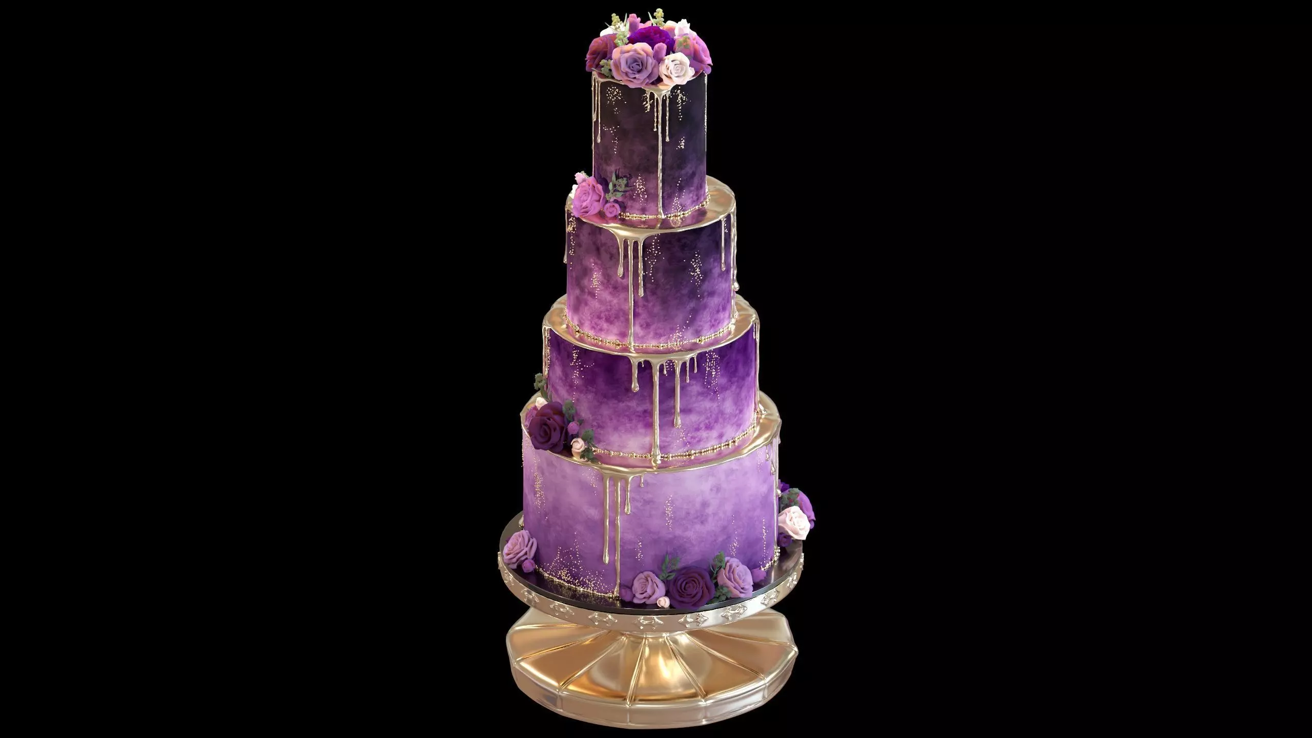 Luxury Wedding Cake with Flowers  Tiered Floral Purple  Gold Low-poly 3D model_4