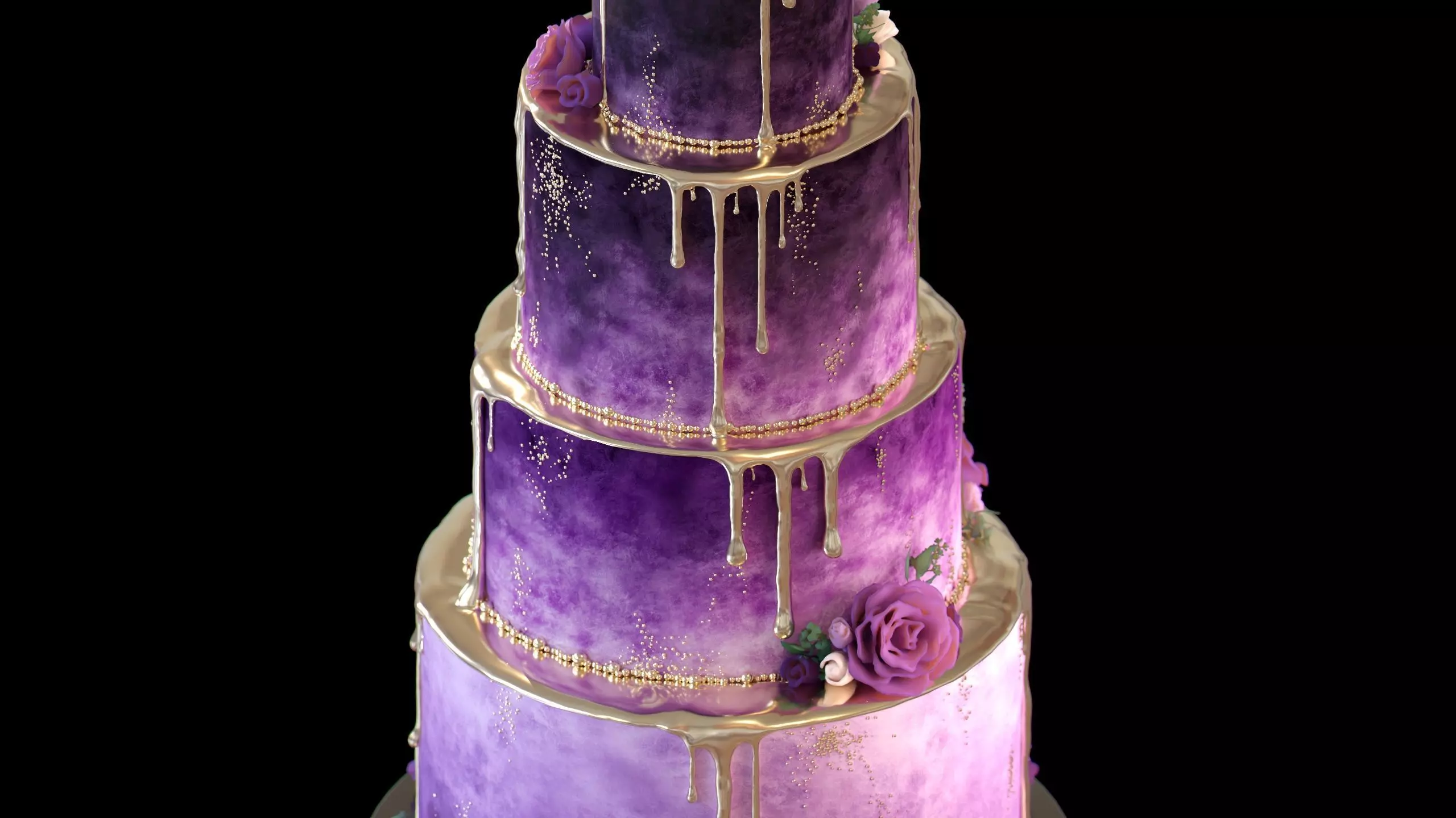 Luxury Wedding Cake with Flowers  Tiered Floral Purple  Gold Low-poly 3D model_14