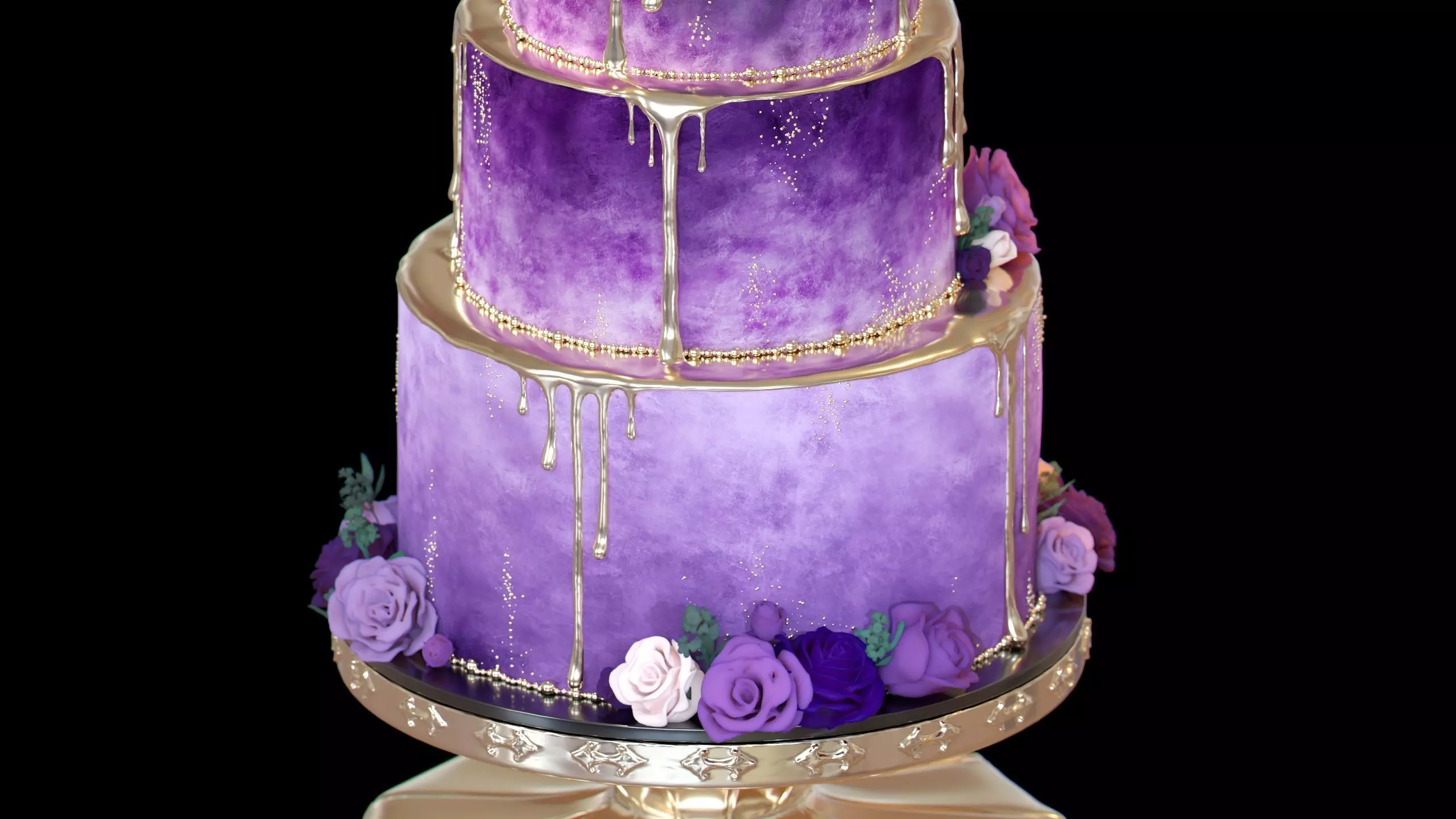 Luxury Wedding Cake with Flowers  Tiered Floral Purple  Gold Low-poly 3D model_10