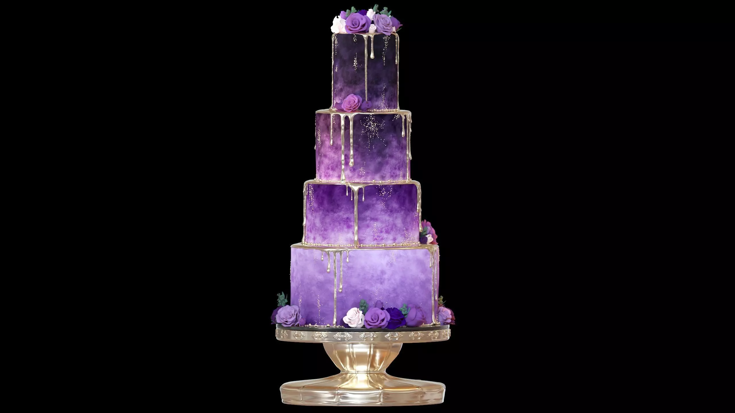 Luxury Wedding Cake with Flowers  Tiered Floral Purple  Gold Low-poly 3D model_11