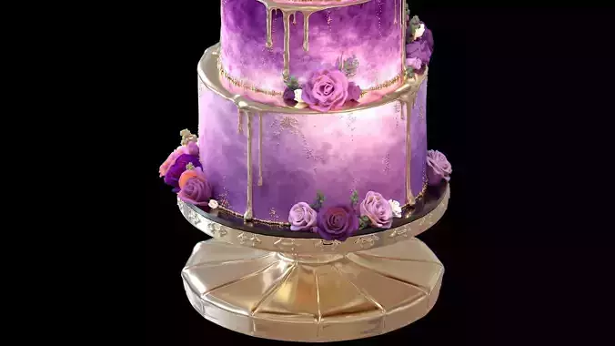 Luxury Wedding Cake with Flowers  Tiered Floral Purple  Gold Low-poly 3D model 5