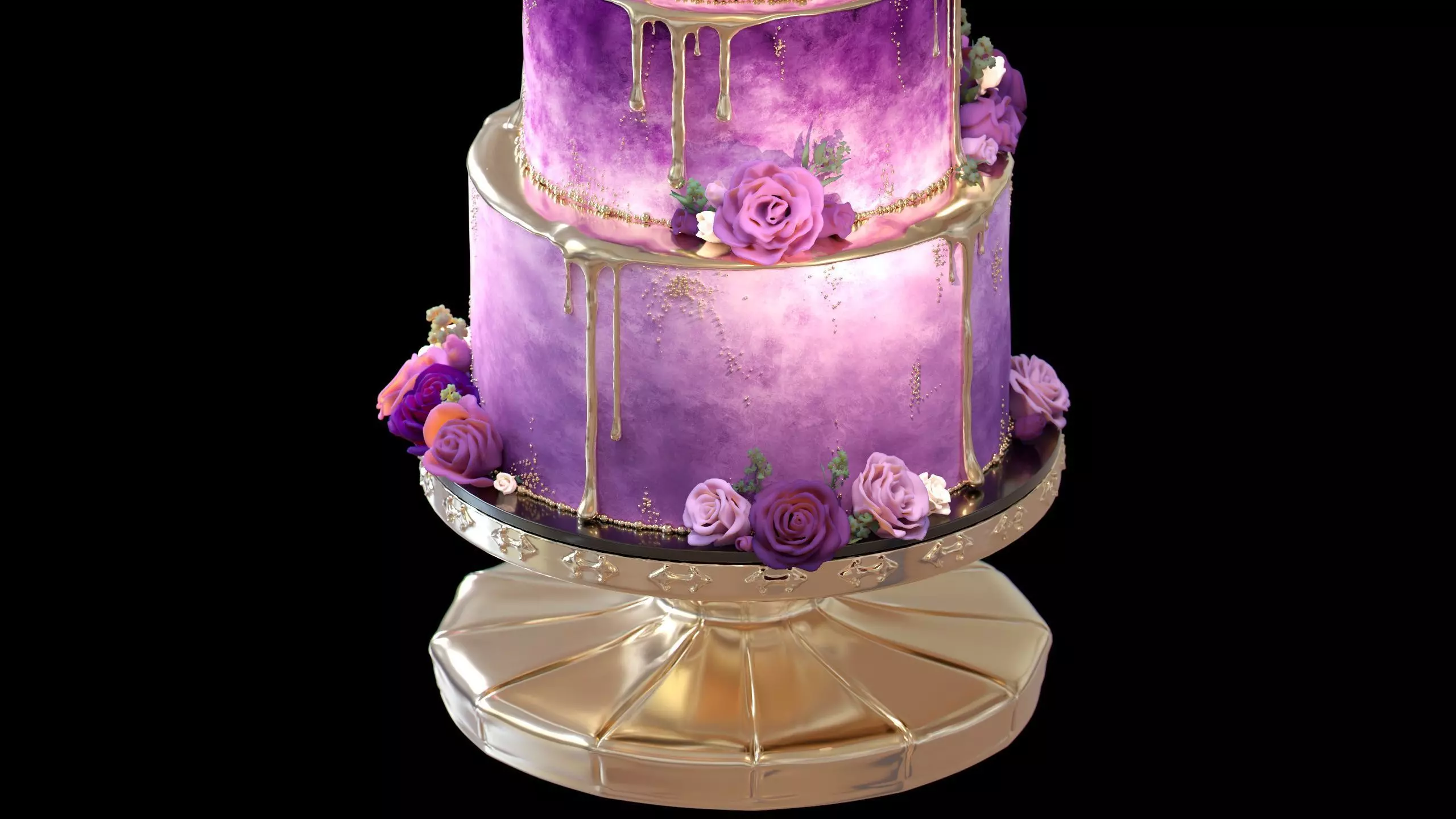 Luxury Wedding Cake with Flowers  Tiered Floral Purple  Gold Low-poly 3D model_6