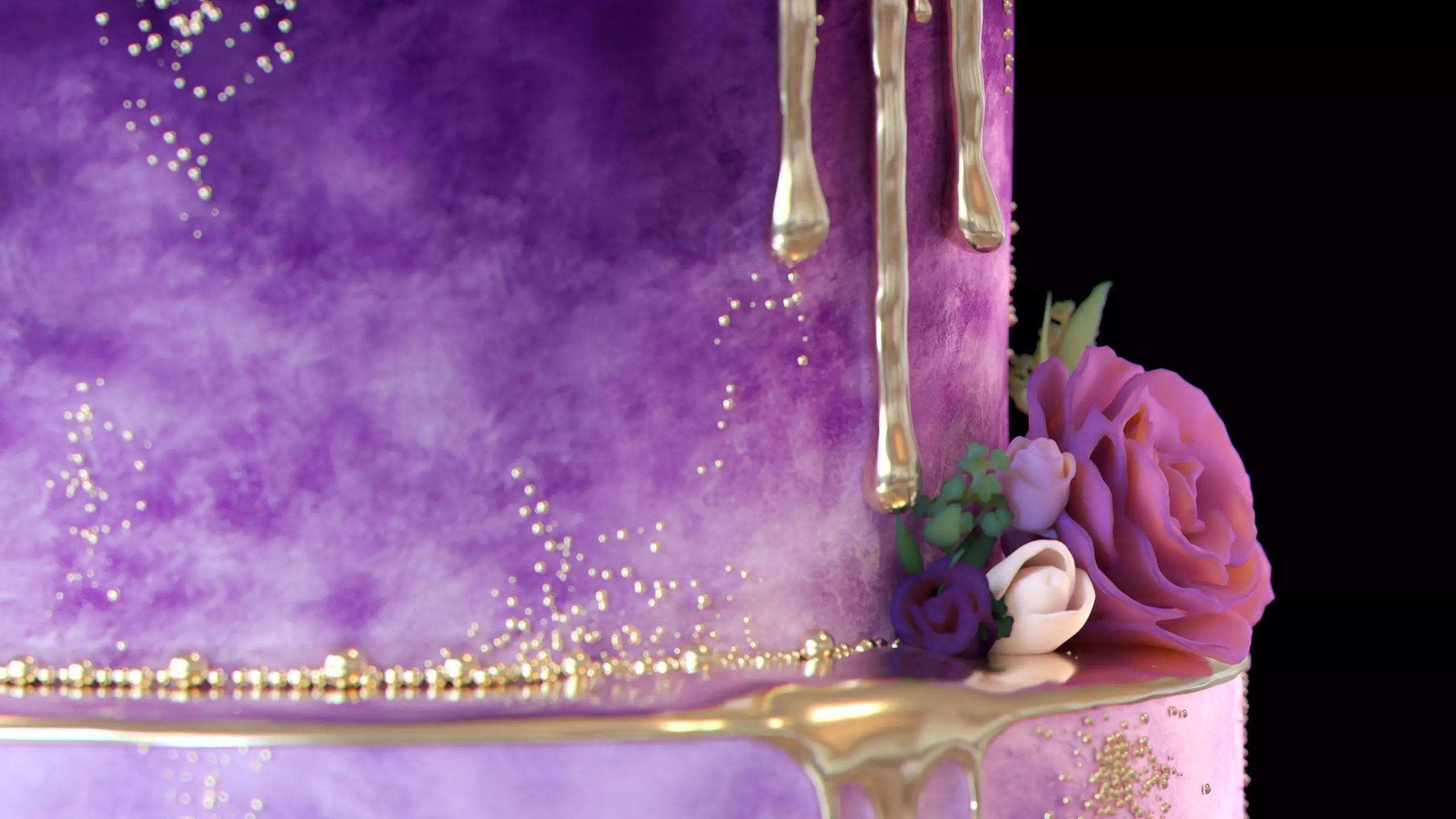 Luxury Wedding Cake with Flowers  Tiered Floral Purple  Gold Low-poly 3D model_12