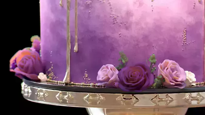 Luxury Wedding Cake with Flowers  Tiered Floral Purple  Gold Low-poly 3D model 2